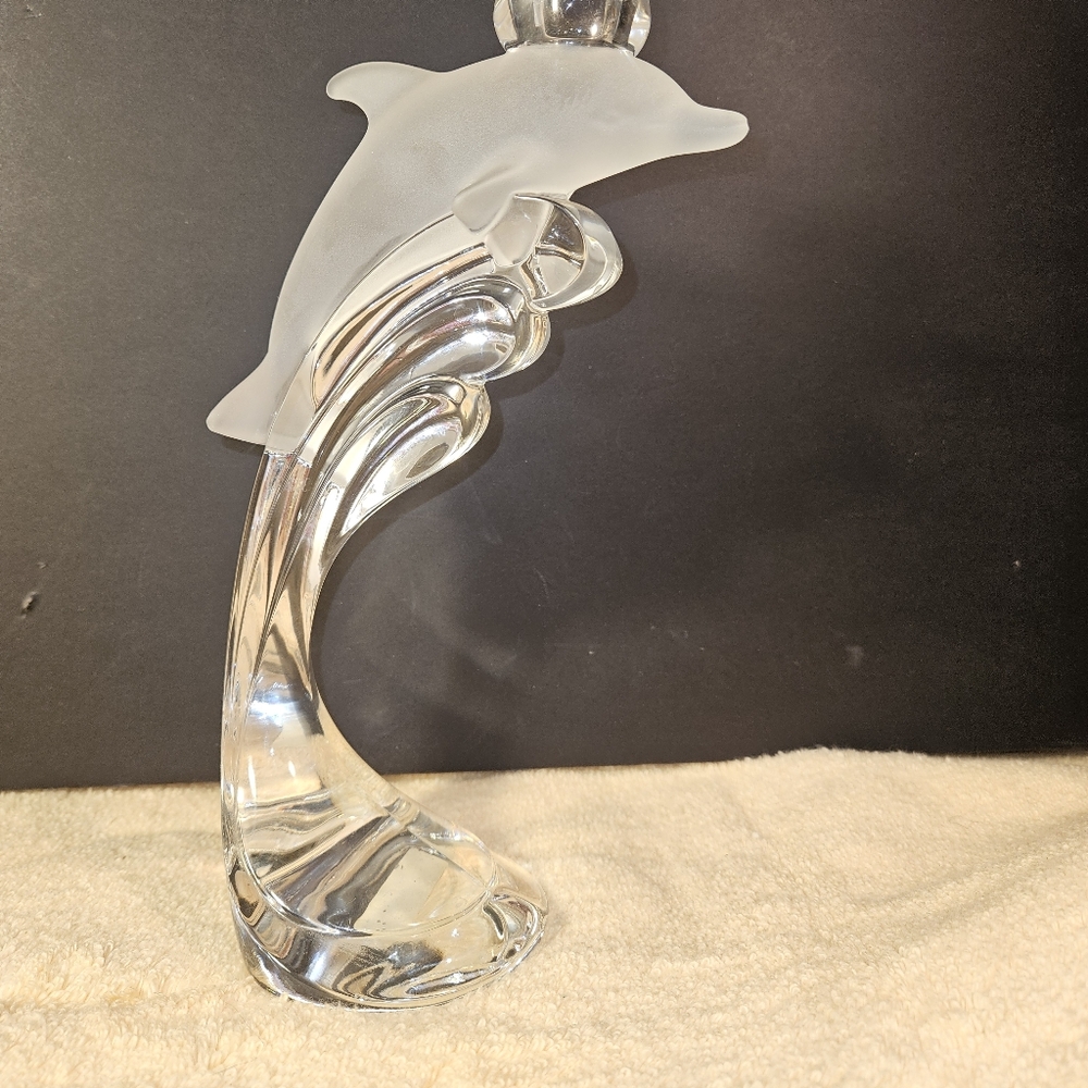 Crystal Dolphin Candlestick Featuring a Frosted Dolphin Atop A Clear Wave 9"